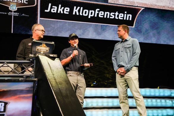 Nominations are now open for the 2025 C.A.S.T. for Kids B.A.S.S. Humanitarian Award. Jake Klopfenstein (center) received the 2024 award for his efforts to share the sport with pediatric cancer patients. Photo by Laura Ann Butts/B.A.S.S.