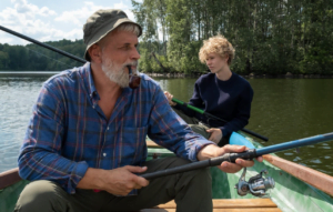 Grandfather and grandson fishing