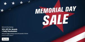 Memorial Day sale banner with a red star on a dark blue background, advertising 20% off 20+ brands and daily doorbusters.