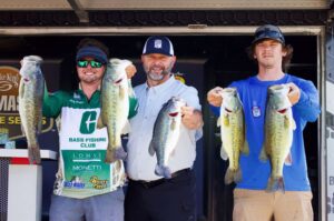 Jake Monti and Samuel Dunson of UNC Charlotte are leading after Day 1 of the Strike King Bassmaster College Series at James River presented by Bass Pro Shops with 24 pounds, 5 ounces. 