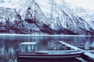 winter fishing boat in the mountains